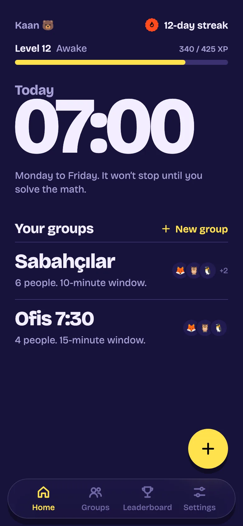 TaskGang home screen: level 12 with a 12-day streak, the next alarm at 07:00 on weekdays, and two groups.