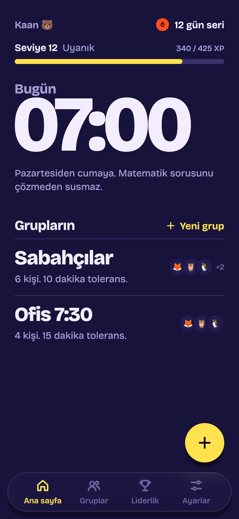 TaskGang ana ekranı: seviye 12, 12 günlük seri, hafta içi 07:00 alarmı ve iki grup.